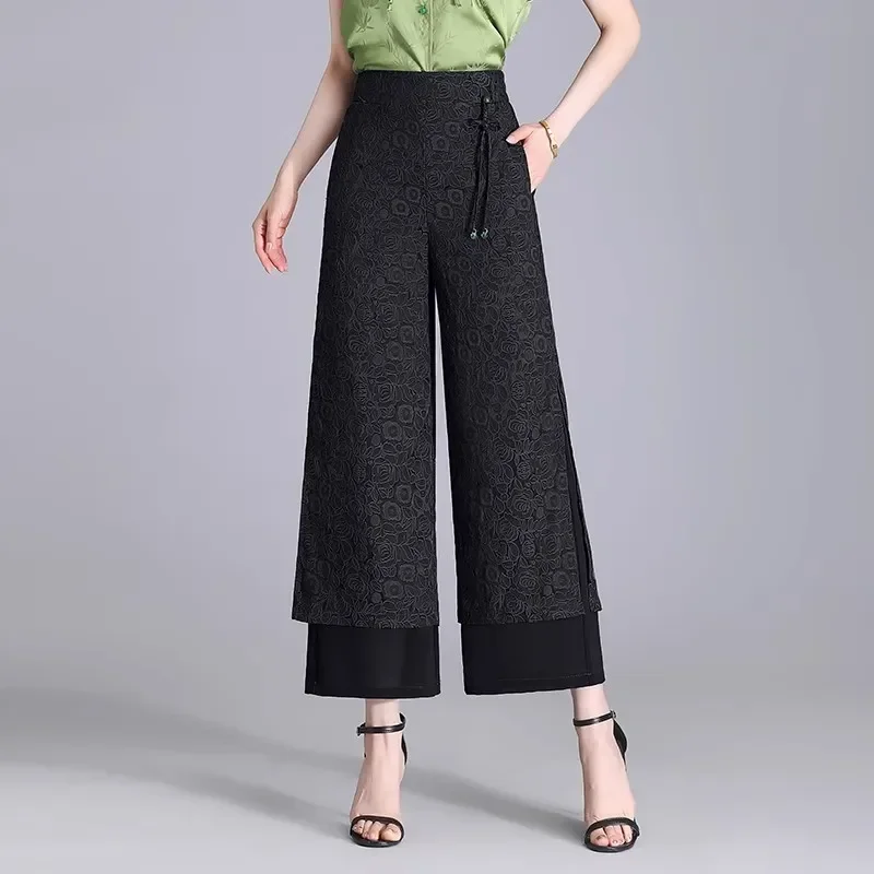 Chinese Style Floral Embossed Split Wide-Leg Pants Women's High Waist Ice Silk Breathable Casual Summer Nine-Point Trousers