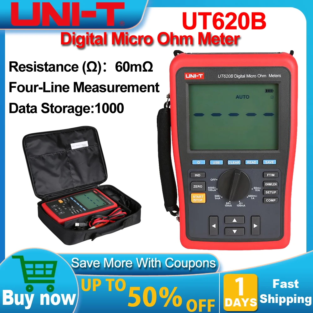 UNI-T UT620B Digital Micro Ohm Meter,Manual Range DC Low Resistance Tester, Data Storage/USB Data Transfer/Data Hold