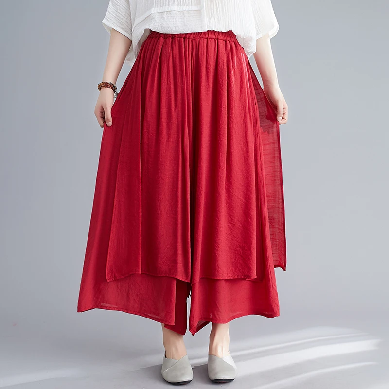 Women's Wide Leg Pants Cotton Linen Drapey Nine Points Skirt Slimming Summer Ethnic Style Commute Style Low Waist Pocket