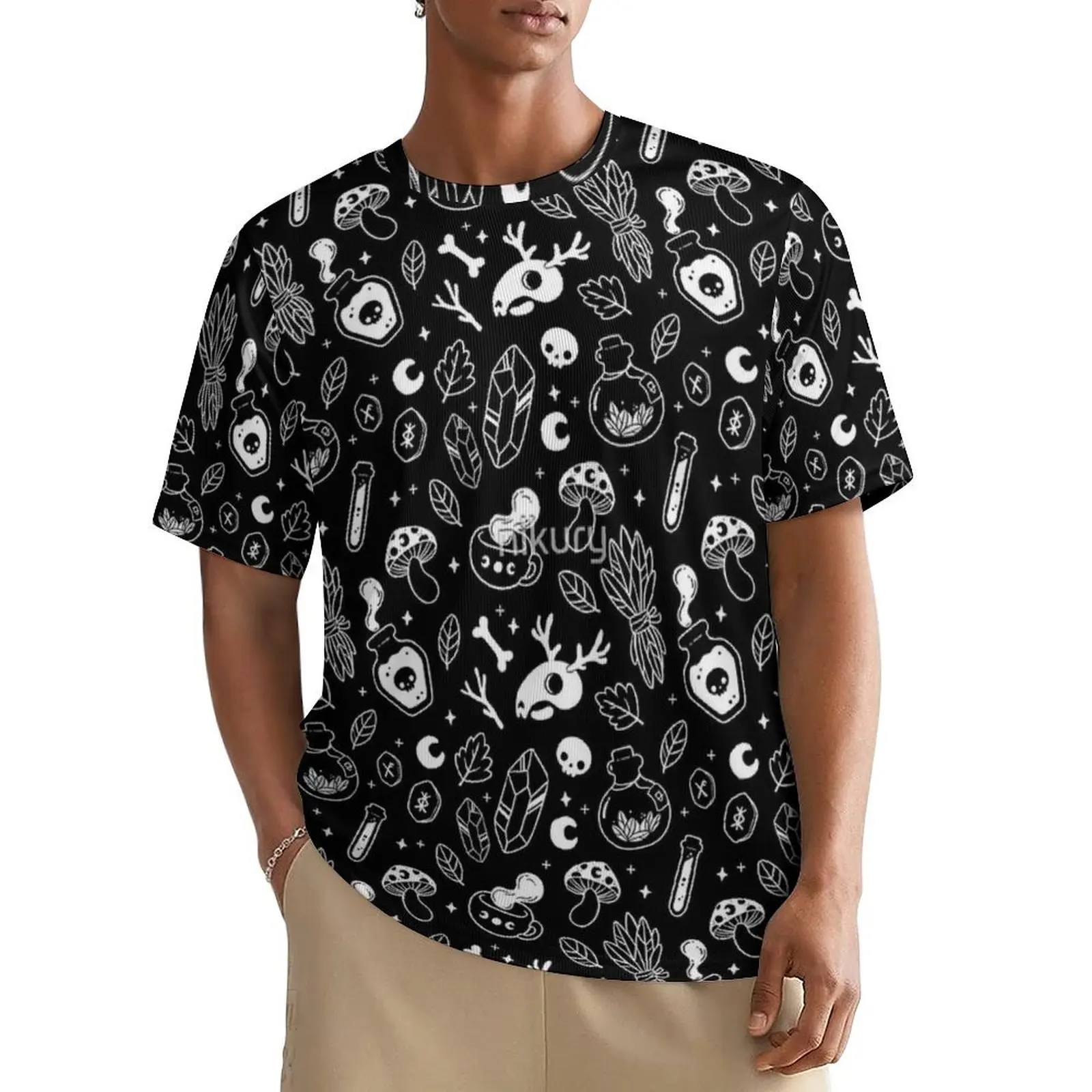 

Witchy Ingredients Black And White Nikury T-Shirt Men Halloween Graphic O Neck T-Shirts Premium Trending Clothes Plus Size Tees