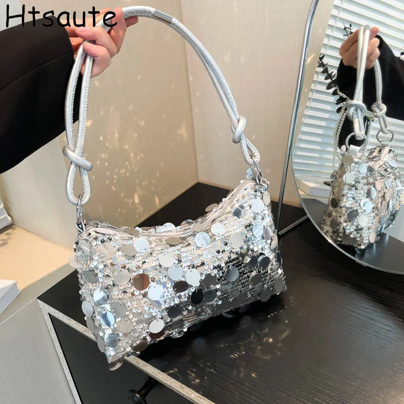 

Street Pu Leather Underarm Tote Bag Sequin Pack Korean Style Vintage Shoulder Bag Chain Strap Square Luxury Handbag Outdoor