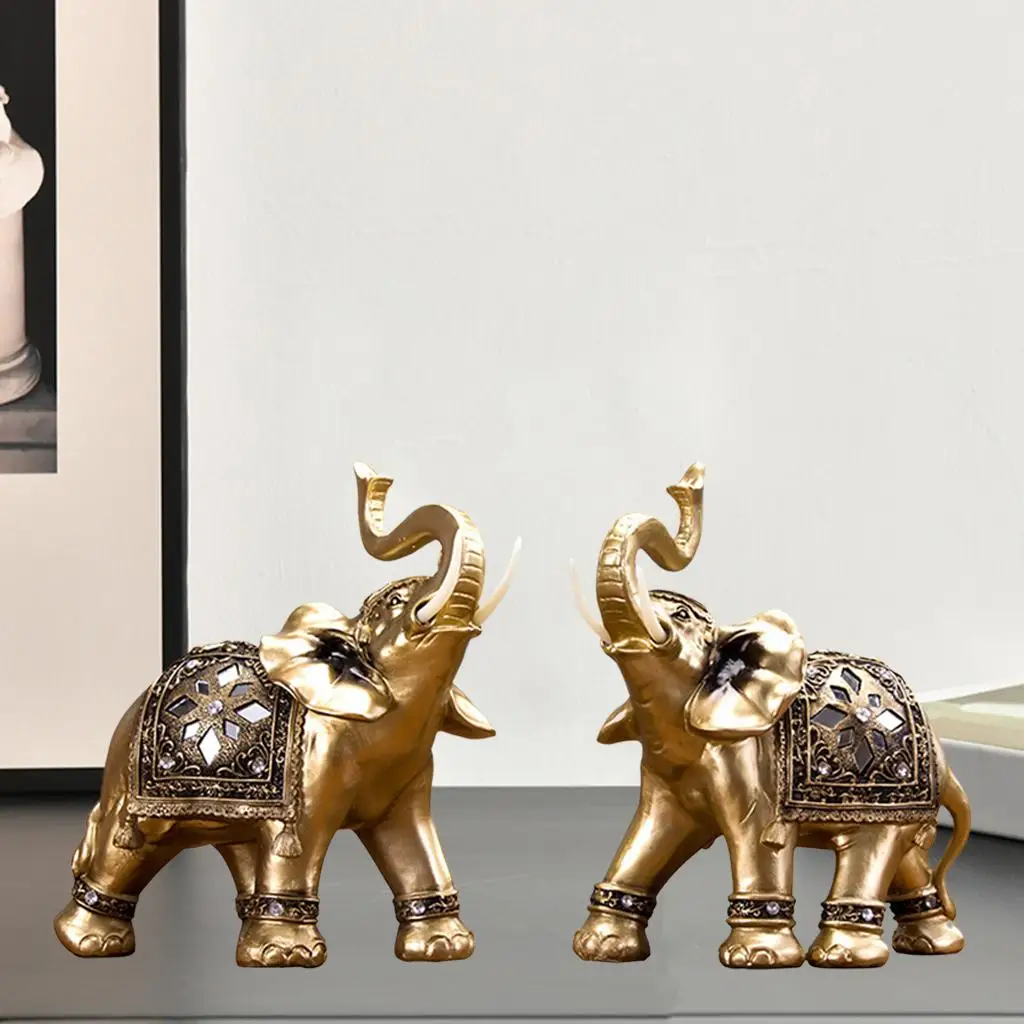 Gold Elephant Statue Hand Curved Sculpture Lucky Fortune Statuette Shelf Decoration for Living Room