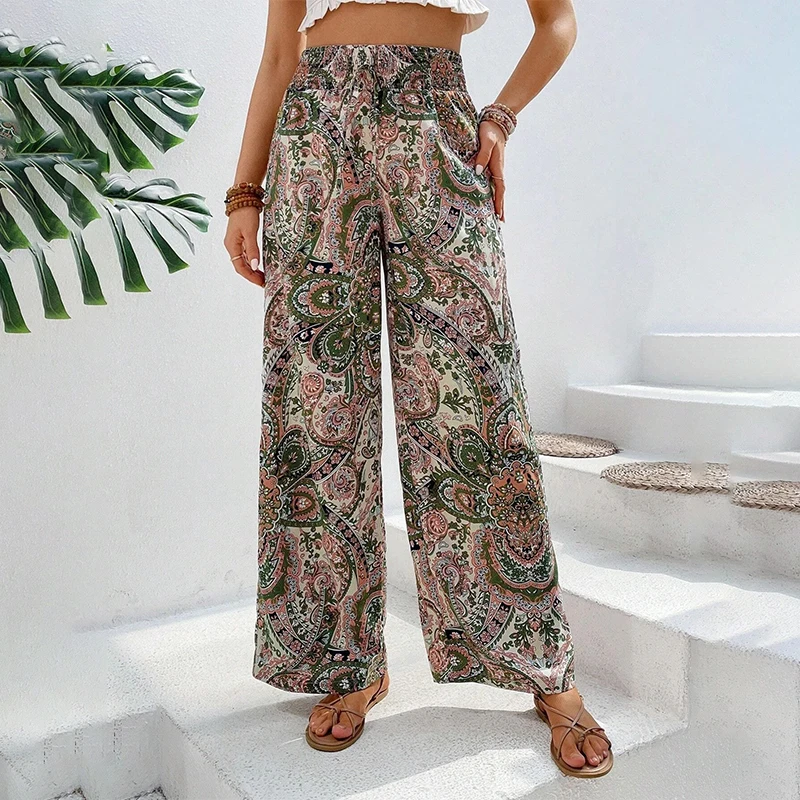 Summer Printing Wide Leg Pants for Women Straight Trouser New Fashion Elastic Waist Versatile Breathable Grace Ladies Streetwear