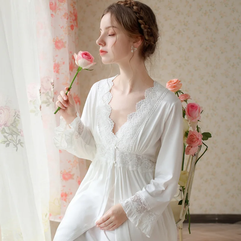 Fairy Two Piece Robe Sets Women Spring Autumn White Cotton Vintage Nightgown Victorian Night Dress Gown Sexy Sleepwear Nightwear