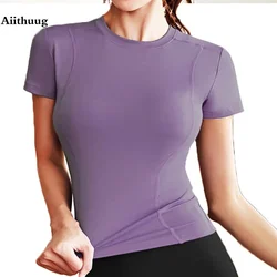 Aiithuug-camisetas de manga corta para Yoga, camisa para correr, gimnasio, entrenamiento, secado rápido, Tops suaves, Camiseta deportiva, Top corto elástico Simple