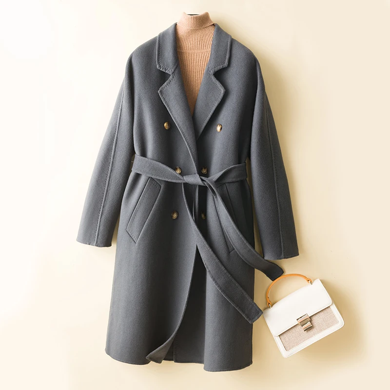 MODERN NEW SAGA 100% Wool Women Coat Autumn Wool Overcoat Winter Warm Double-sided Cashmere Long Coats Lady Double Breasted Belt