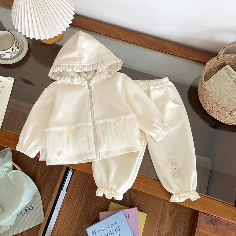 

Children's Spring suit clothing spring 2026 product Net fabric Hem with lace trim Rabbit Cartoon Hooded pullover and pants set