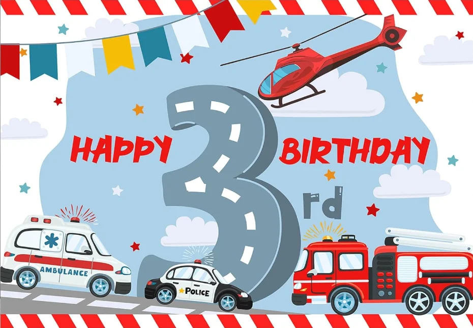 Happy 3rd Birthday Backdrop Transportation Theme Airplane Fire Truck Ambulance Photography Background Boys Kids Birthday Party