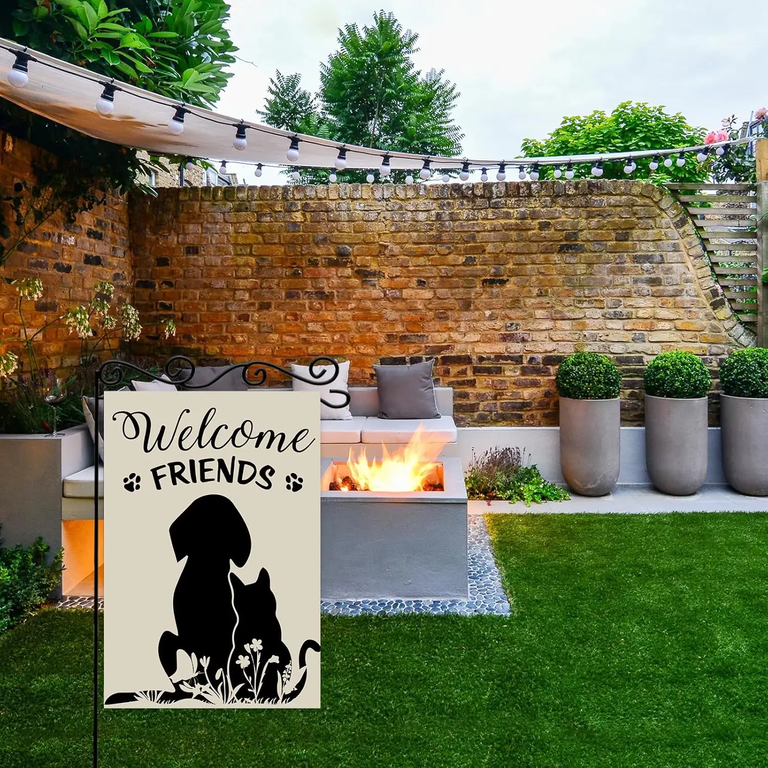 Welcome Friends Garden Flag,Summer Vertical Double Sided Cut Cat and Dog Black Shadow Garden Flags,12 x 18 Inch Rustic Farmh WWP