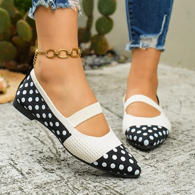 Women's Pointed-toe Polka Dot Flat Shoes 2026 New Spring Casual Color-block Loafers Knitted Soft-soled Sports Shoes Plus Size 43