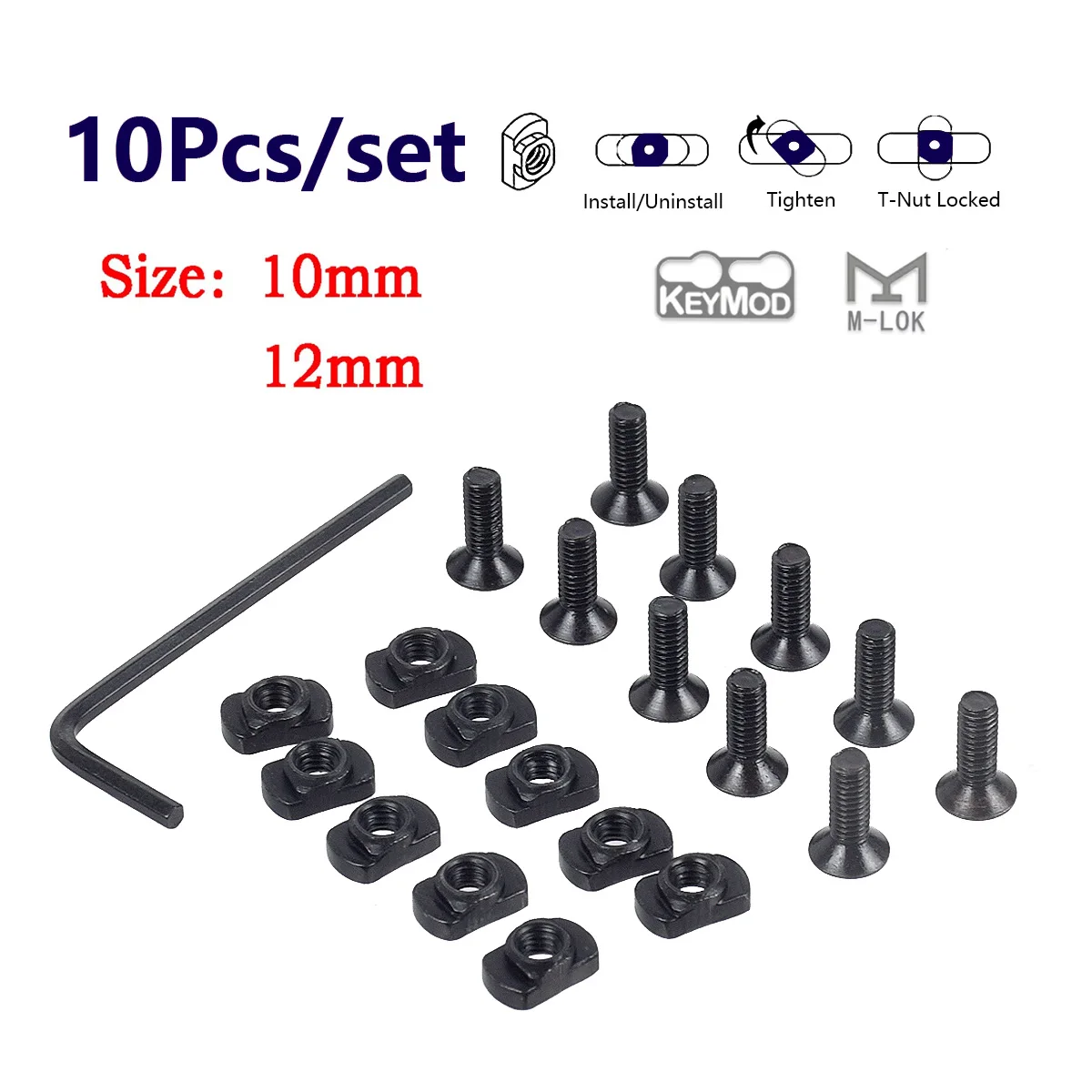 

10Pcs M4 12 Thread M-LOK Screw And Nut Replacement Rails T-Nut Screw Set for MLOK Handguard Rail Sections Hunting Accessories