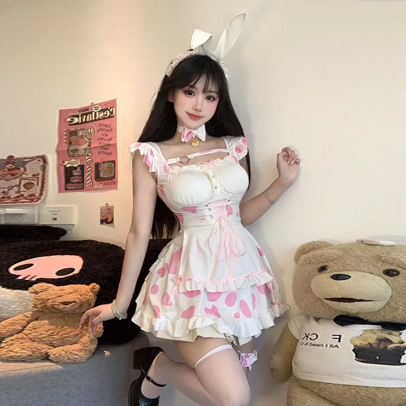 2026 Cosplay Costumes Women Sweet Pink And Black Lolita Cat Girl Maid Dress Halloween Cow Print Lingerie Dress view 5
