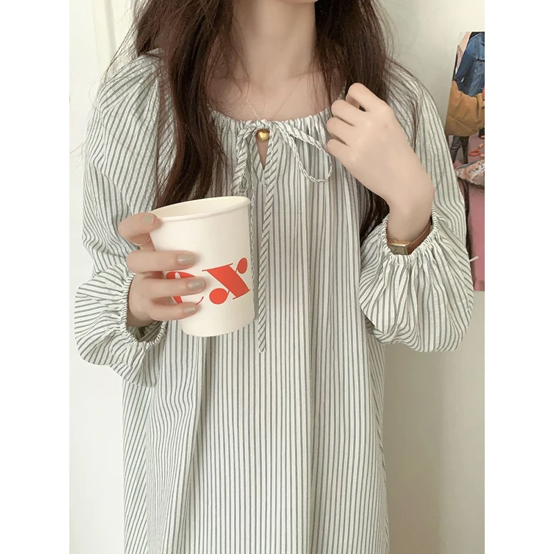 Striped Women Nightgown Korean Style Sleepwear Long Sleeve Night Dress Autumn One Piece Pajamas Casual Home Sleeping Wears New