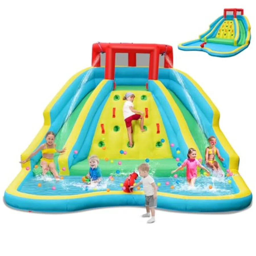 Backyard inflatable water slide for kids: PVC blue/red dual long slides + climbing wall + water cannon + large splash pool outd