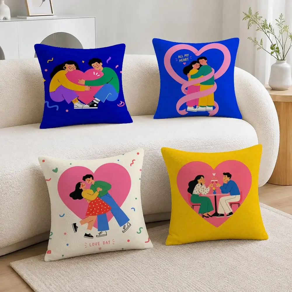 Illustration Couple Heart Flat Illustration Cushion Cover Soft Plush Fluffy Throw Pillow Cases for Sofa Bedroom Home Decor