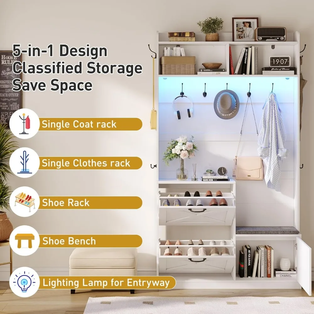 مقعد مدخل لتخزين الأحذية مع رف معطف، وأضواء LED، وشجرة قاعة طويلة 78 تتميز بـ 9 خطافات معطف