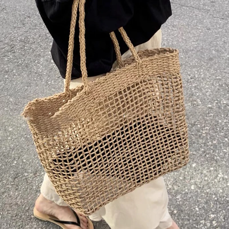 Ins Straw Woven Beach Bag Vacation Travel Beach Retro Korean Women Hollow Shoulder Bag Hand Woven Large Capacity Chic Tote