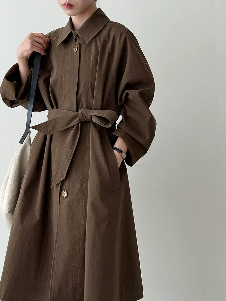 LIMO Women Lapel Single Button Long Trench Coat Belted Loose Oversized Windbreaker Outerwear