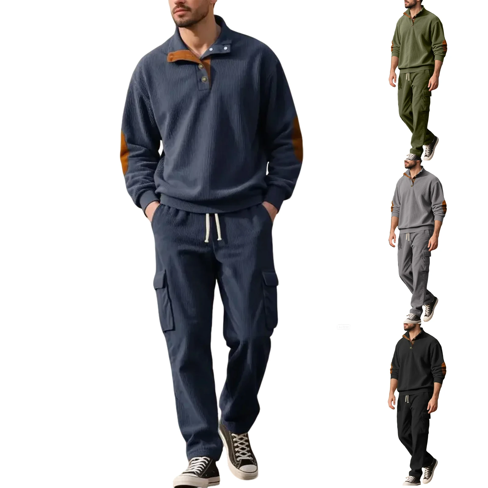 Męski kombinezon ze sztruksu ze stójką, zapinany na zamek, męski jesienno-zimowy ciepły, luźny, pluszowy, gruby kombinezon z kapturem i nadrukiem.