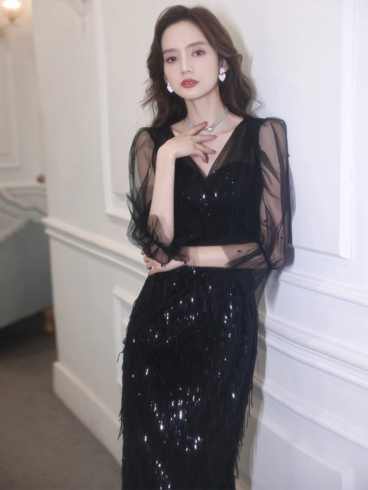 

Ele Bla Evening Gown Women's 2026 New Fi Tail Ball High End Luxury High Quali Korean Sle Long Sve V Ne Dr