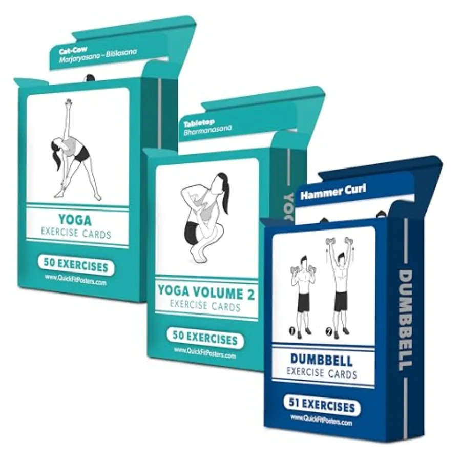 

3 Pack - Exercise Cards - Yoga Poses Volume 1 and 2 + Dumbbell Exercises - Yoga Positions and Dumbbell Workout Fitness Cards -