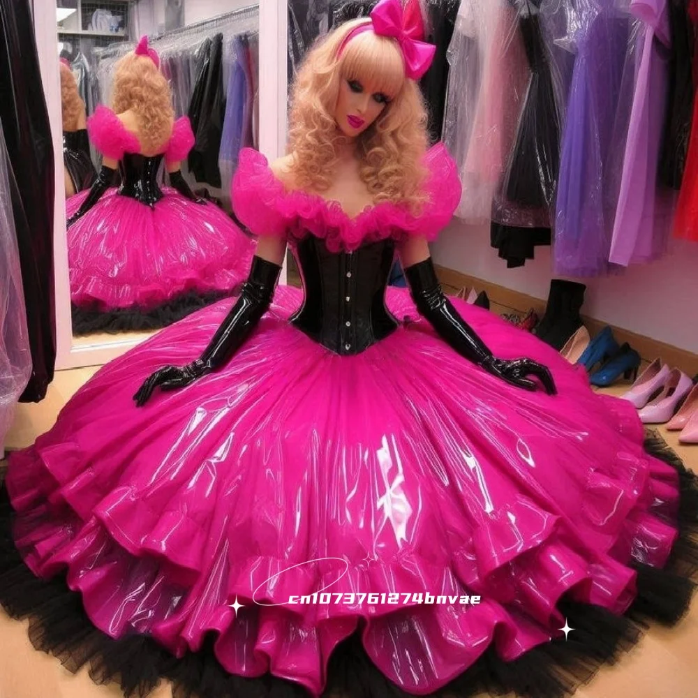 Vintage Shiny Cosplay Party Prom Dress Fuchsia And Black Steampunk Corset Off-Shoulder Evening Ball Gown Costume Customized