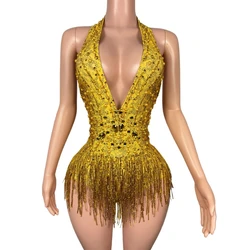 Sparkly Gold Rhinestones Pearls Fringes Bodysuit Women Sexy Deep V Neck Dance Costume Dancer Performance Stage Wear Club Outfit