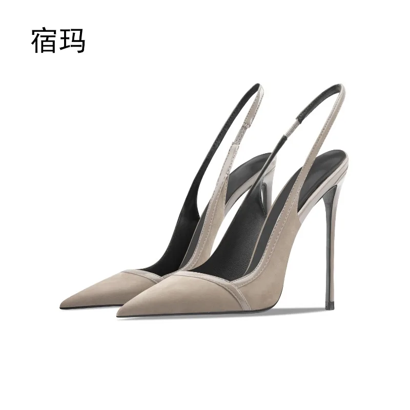 

Suede khaki high-heeled sandals for summer 2025, new women's shallow mouth pointed thin heel commuting single shoes