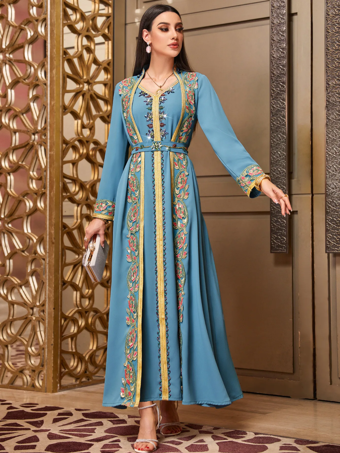 Embroidery Kebaya - Diamonds Embroidery Abaya Dubai Kaftan Women