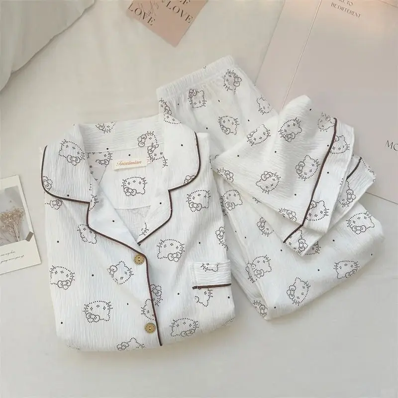 

Sanrio Hello Kitty, женский пижамный комплект из 2 предметов, кавайная осенняя школьная одежда для сна с героями мультфильмов, брюки с длинными рукавами, ночная рубашка, домашняя одежда, новинка