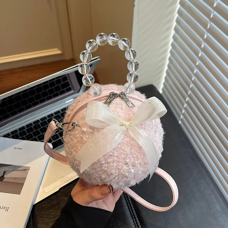 

Crystal Handle Eveing Clutch Bag Lady Girls Cute Ball Shape Crossbody Phone Bag Coin Purse Winter Lamb Woolen Handbag Mini Bag