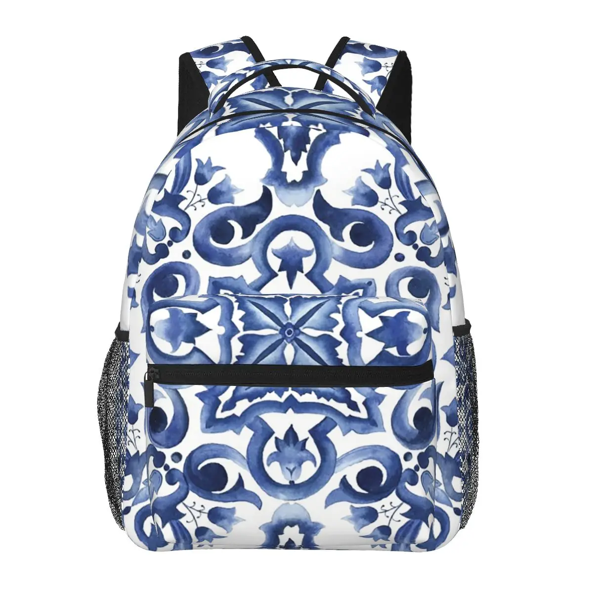 Blue Ornate Floral Mediterranean Sicilian Tile Student Backpack School Bag Hiking Travel Daypack Fashion Bookbag Shoulder Bags