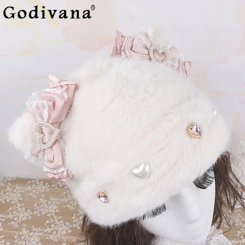 Original Handmade Sweet Lolita Plush Hats Autumn and Winter New Girl's Cute Bow Lace Heart Rhinestone Lo Hat Woman's Warm Hat