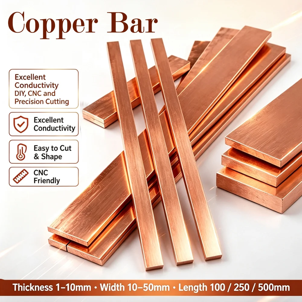 1Pcs Red Coppers Flat Bar Plate Coppers Bus Bar Sheet, 1/1.5/2/3/4/5/6/8mm Thick 100-500mm Length