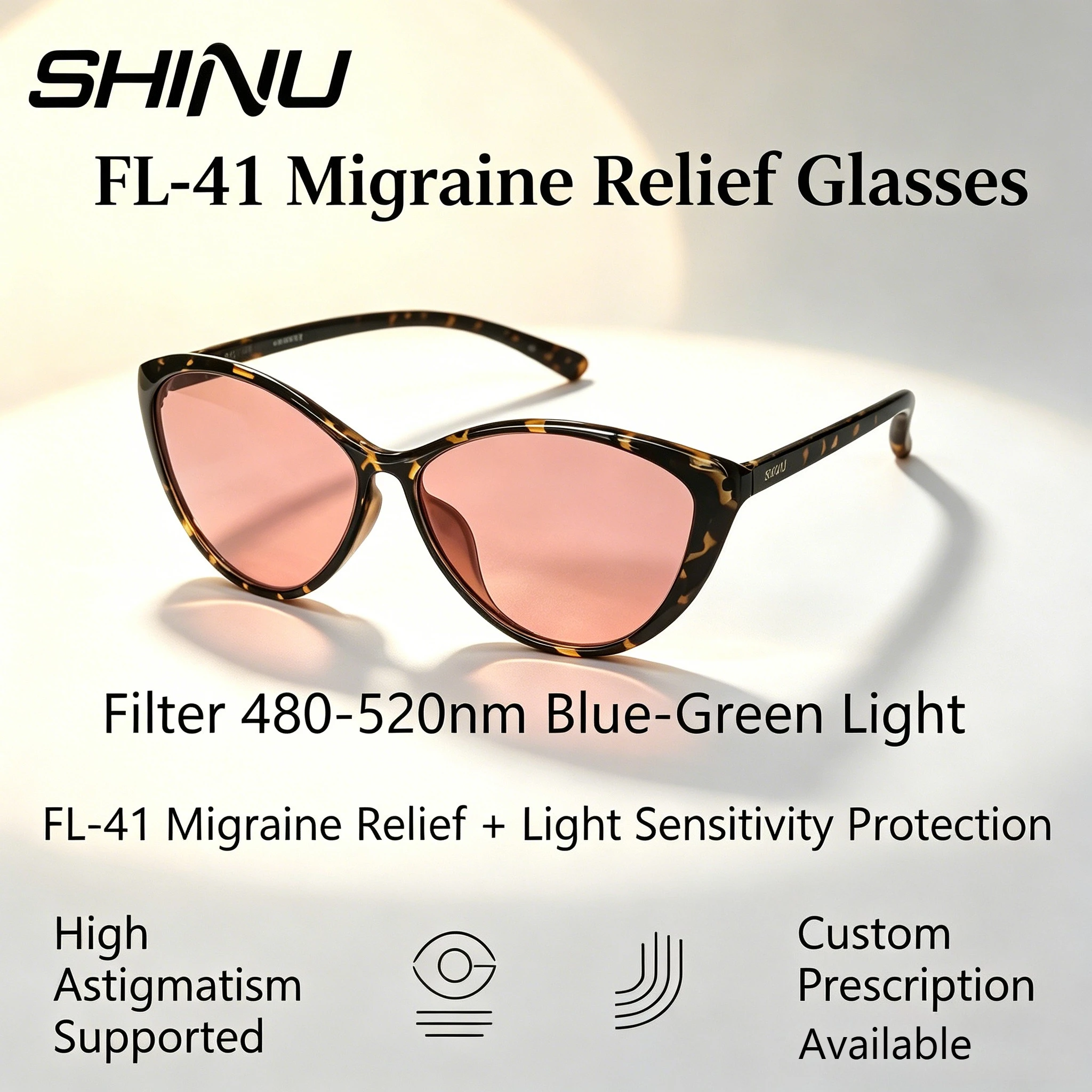 SHINU Photochromic Progressive Multifocal FL-41 Dyed Blue Green Light Blocking Lenses Migraine Photophobia Glasses For Women