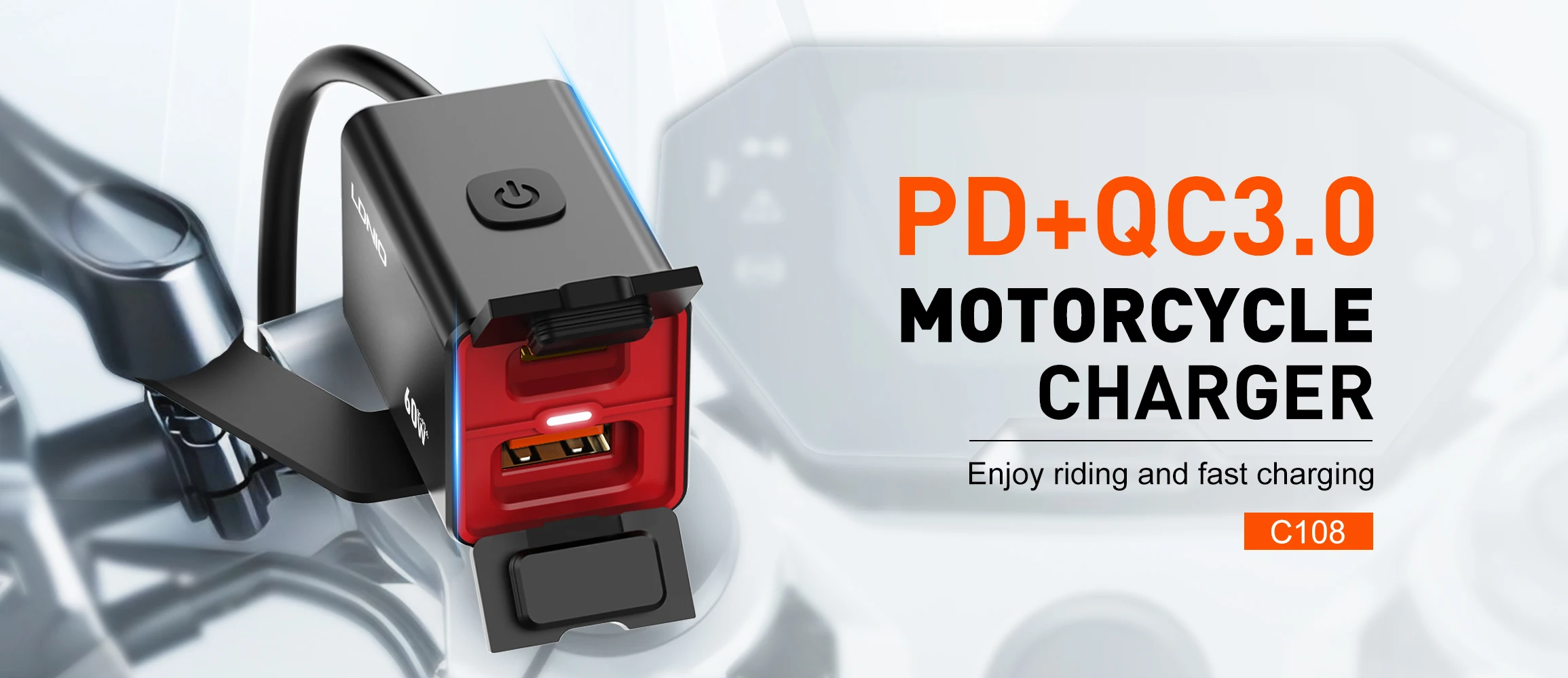 LDNIO Motorrad USB Schnellladegerät 60W Lenker Dual USB C UAB A Rückspiegel Wasserdichter Netzteiladapter mit Schalter – Detail 1