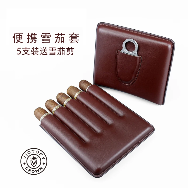 

Humidor Portable Cigar Moisturizing Cover 5 Packs Cow Leather Cigar Leather Cover with Cigar Scissors Gift Box Packaging
