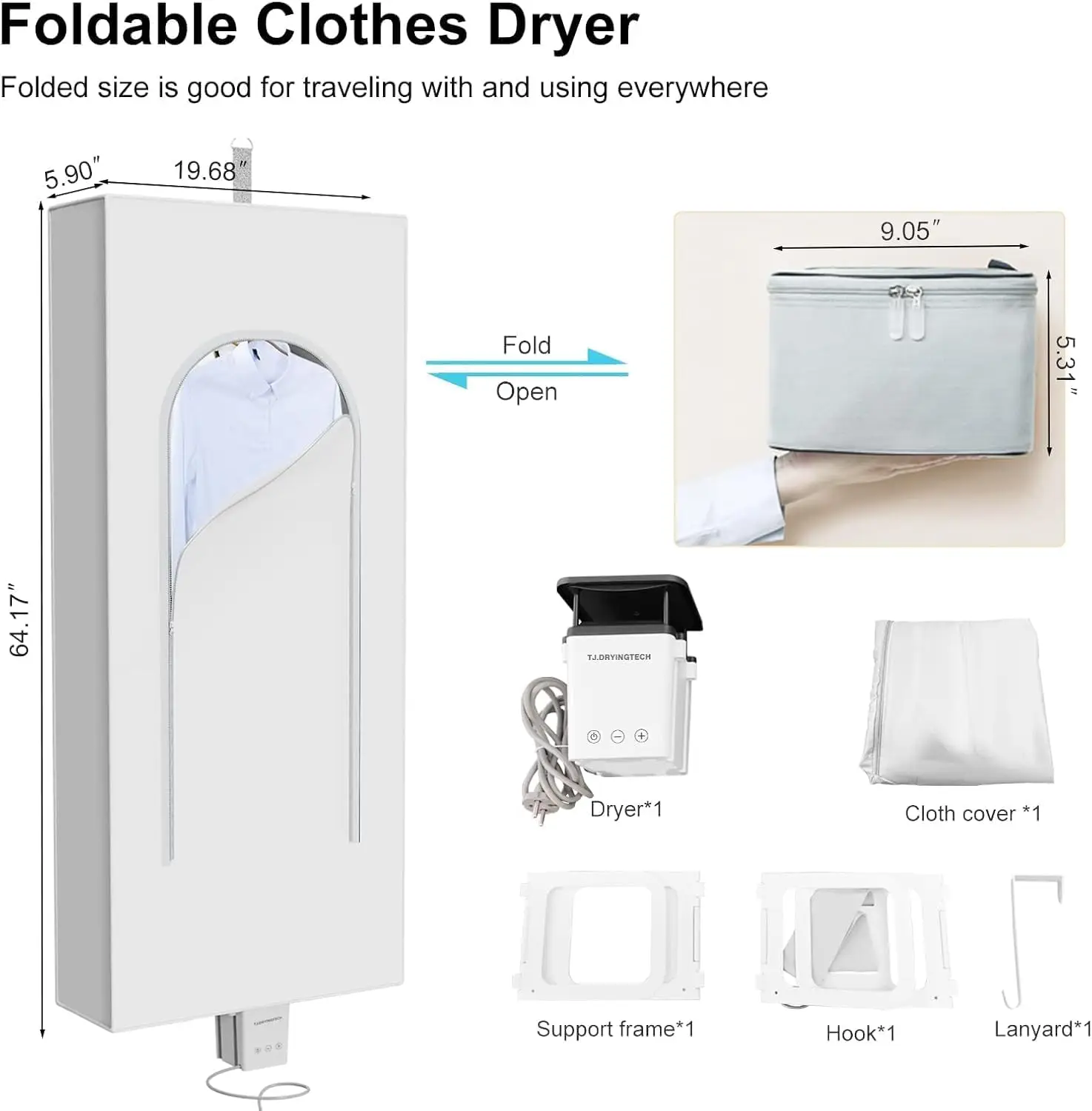 مجفف ملابس كهربائي محمول 110 فولت، مجفف PTC بقدرة 600 وات بسعة 11 رطل، قابل للطي والتعليق، تجفيف سريع وهادئ للشقة
