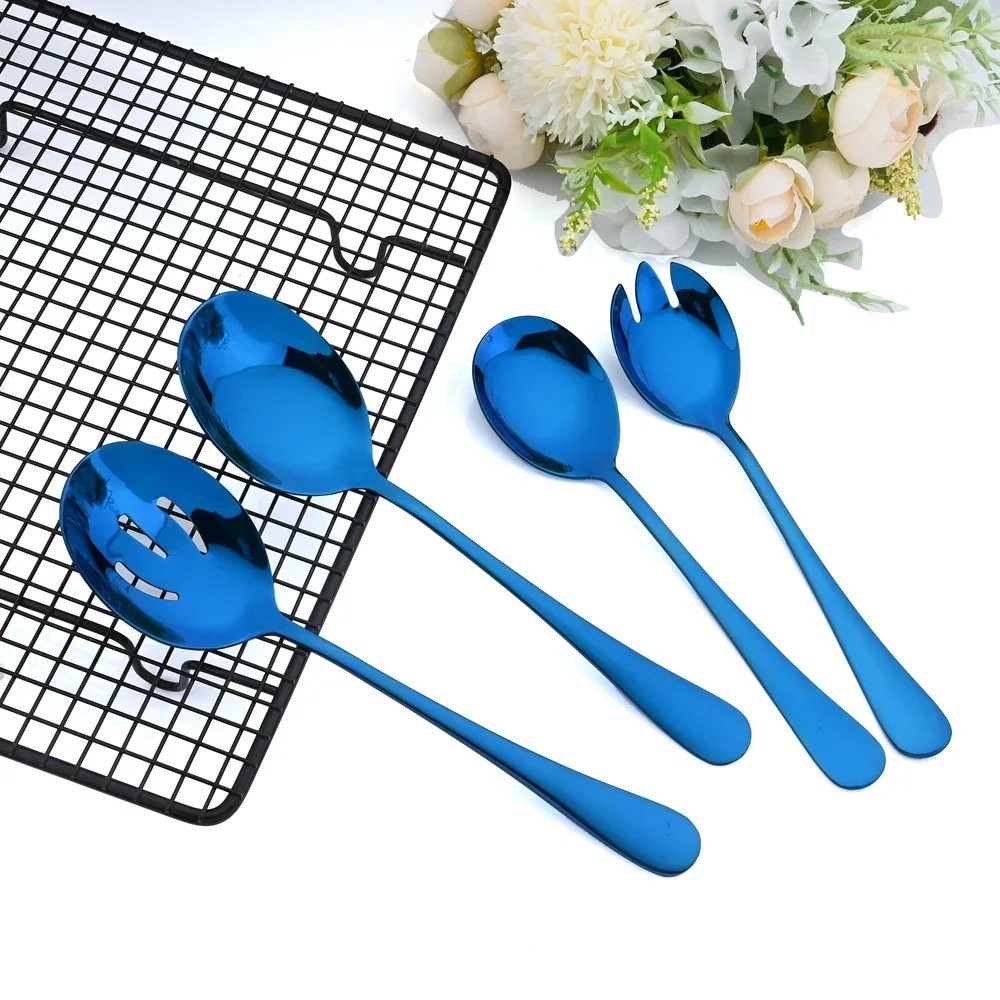 7Pcs  Stainless Steel Blue Dinnerware Set Soup Spoon Colander Spoon Service Spoon Salad Fork Cake Spatula Kitchen Home Tableware