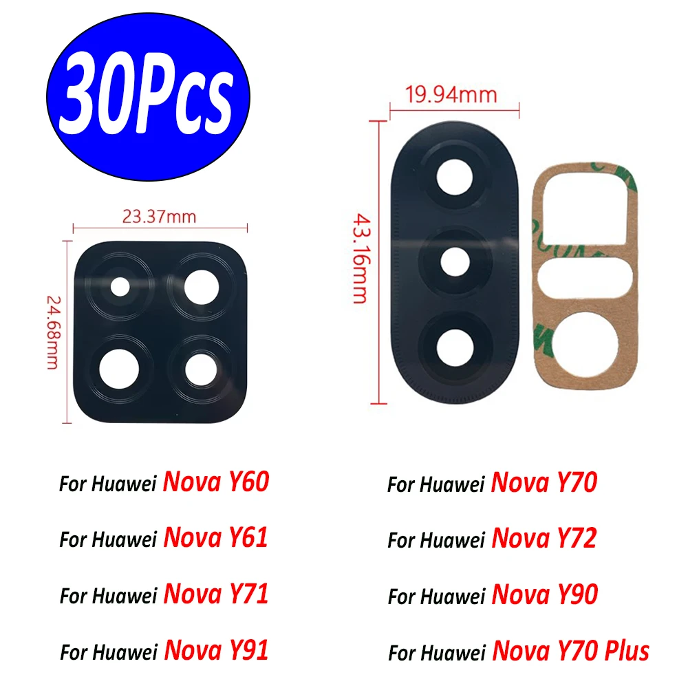 30Pcs，NEW For Huawei Nova Y90 Y60 Y72 Y90 Y61 Y71 Y91 Y70 Plus Back Rear Camera Glass Lens With Ahesive