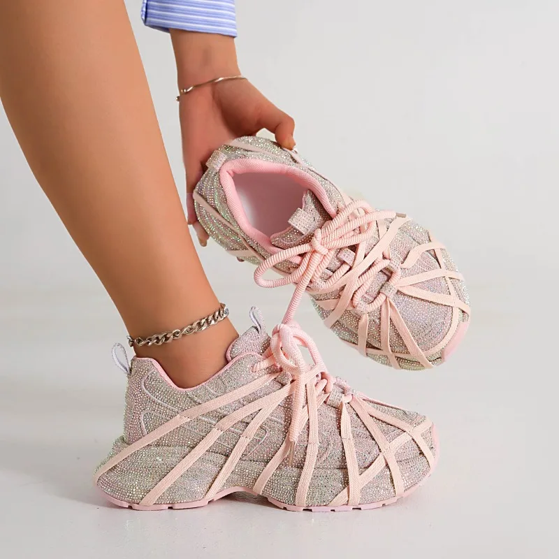 2026 New Rhinestone Decor Chunky Sneakers for Women Comfort Casual Loafers Fashion Thick Sole Solid Women's Shoes Tenis Feminino