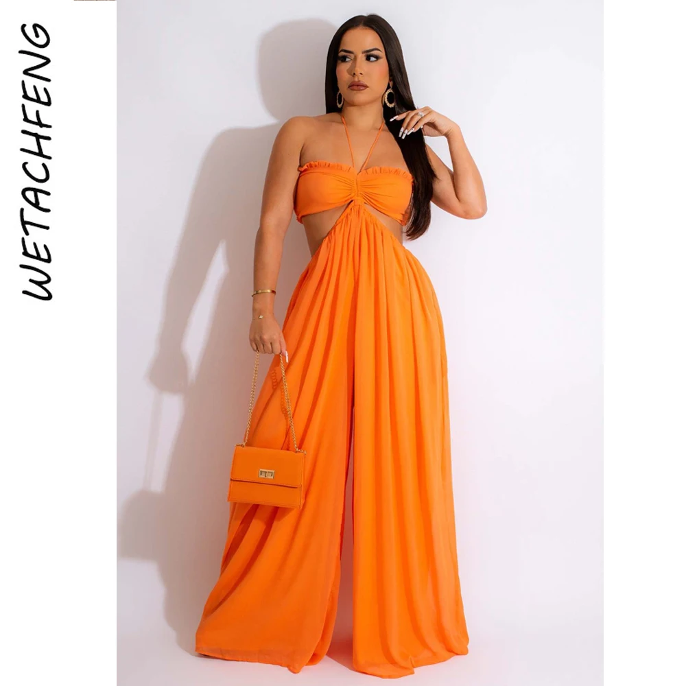 Orange Sexy Slim Women's Jumpsuits Summer Streewtear Ruffles Bra Wide Leg Pants One Piece Overalls For Women 2024 XXL Outfits