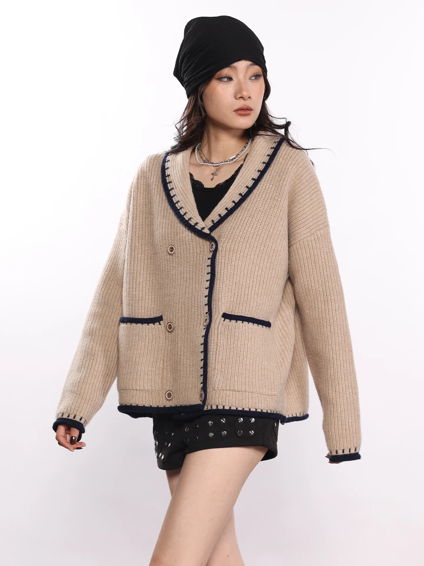 

Loose Long Sve V-Ne Pure Wool Knitted Cardigan Sweater Double Button Color Blo American Sle Women's Faion