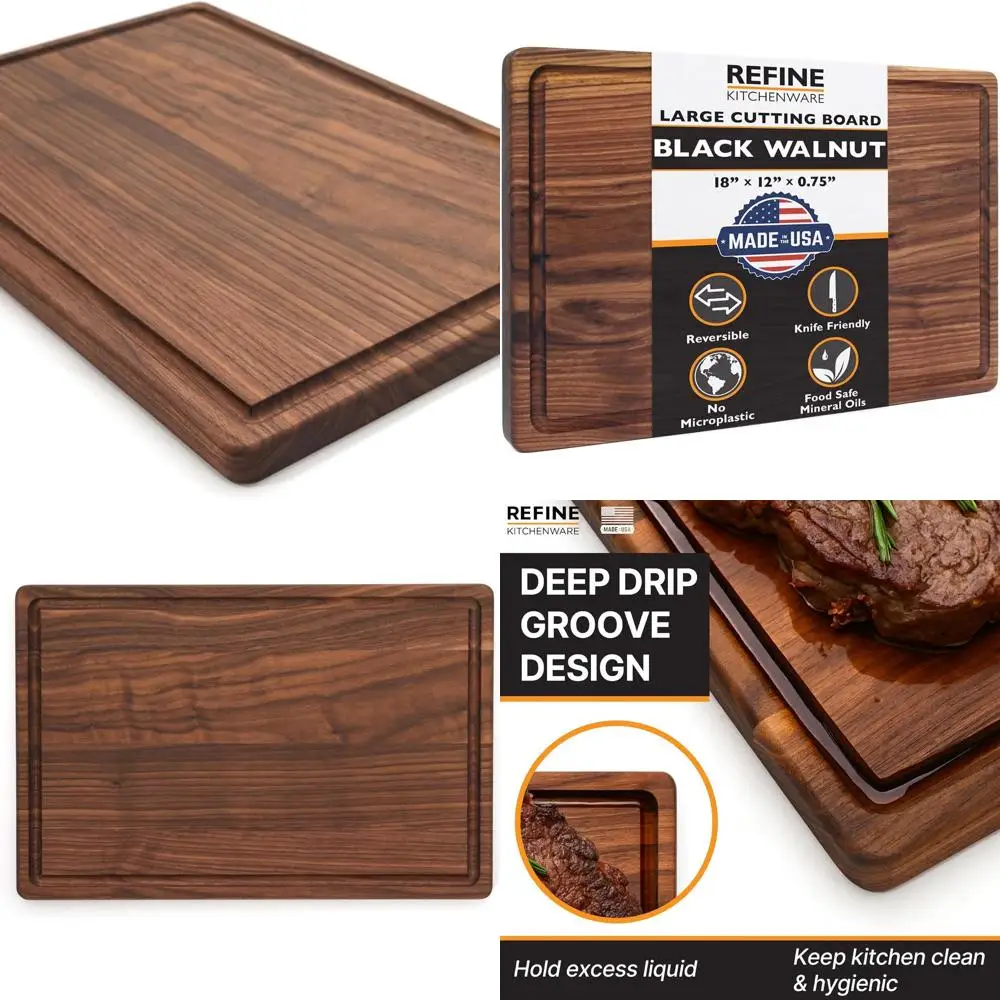 

Reversible 18x12 Walnut Butcher Block, 0.75 Thick, Natural Wood Cutting Board with Juice Groove, Heavy Duty Kitchen Chopping Boa