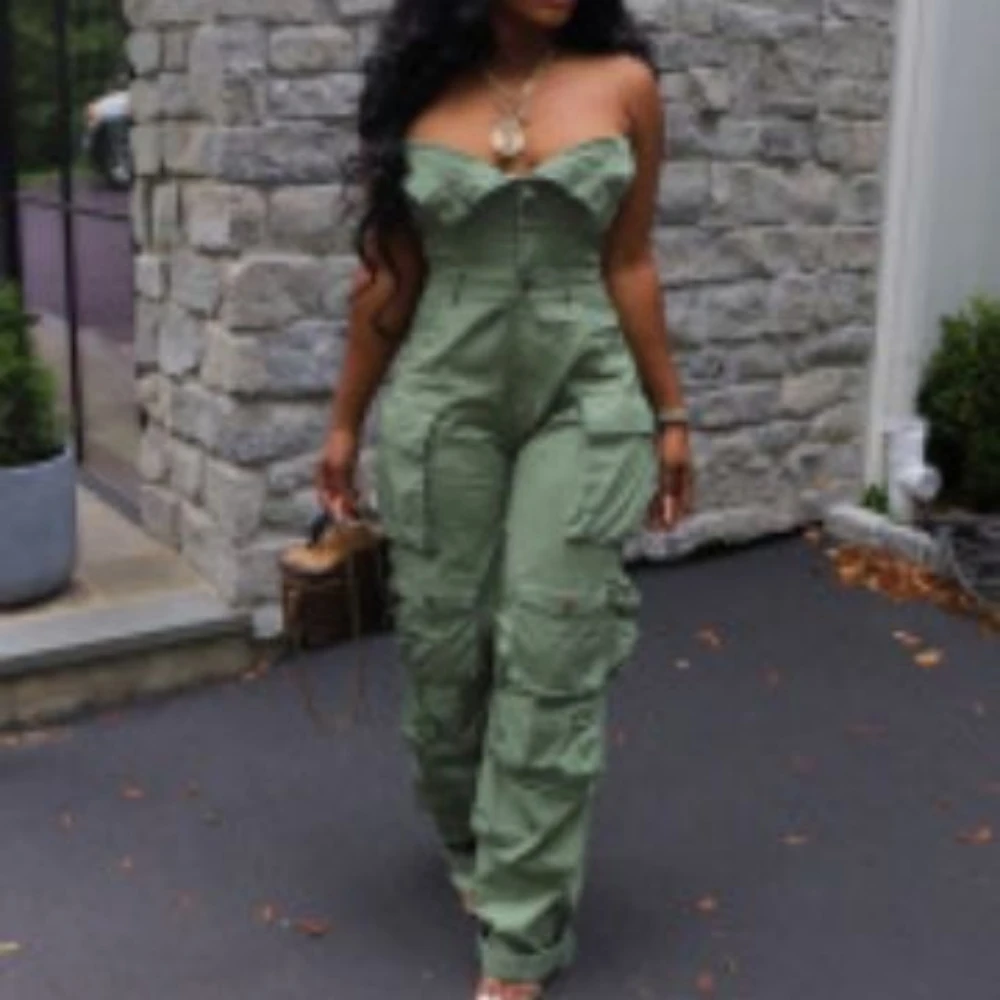 Women Cargo Jumpsuit Sleeveless Strapless Bra Button Romper 2023 Autumn Fashion Street Multi Pockets Playsuit One Piece Suit