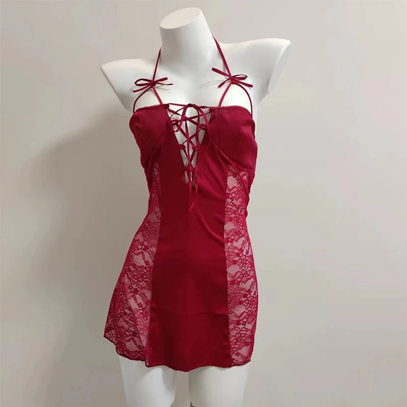 

SexyLingerie sexy pajama Ladies Ice Silk Haute couture lace hollowed-out red halter nightdress