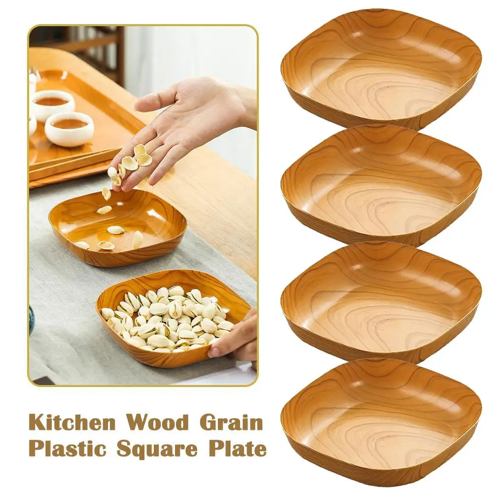 1/4Pcs Kitchen Wood Grain Plastic Square Plate 15x15cm Rustic Authentic Design Versatile Tableware for Dining Snack Nuts