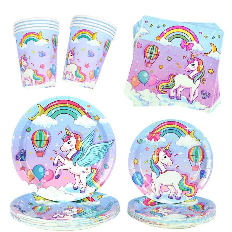 Vajilla desechable para fiesta temática de cumpleaños, decoración de mesa para fiesta de unicornio, plato, taza, cuchara, mantel, 1 Juego