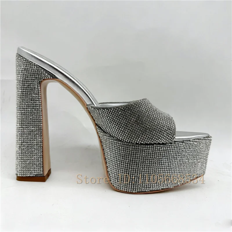 Luxury Shiny Silver Rhinestone Platform Mules Women Point Open Toe Backless Thick Heel Sandals Party Wedding Dress Sparkly Shoes