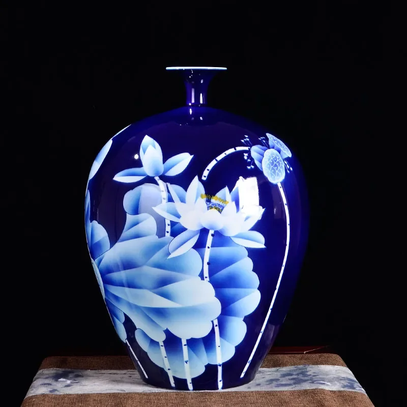 Big Blue Vase Collection Jingdezhen Ceramic Master Handpainted White Lotus Fine Porcelain Decorative Flower Vase